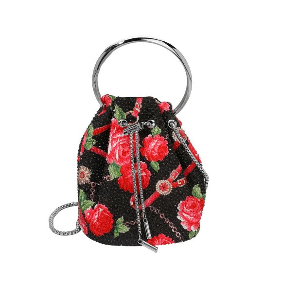Tigerstars Black Bling Studded Floral Pattern Bucket Crossbody Bag - Picture 1 of 3